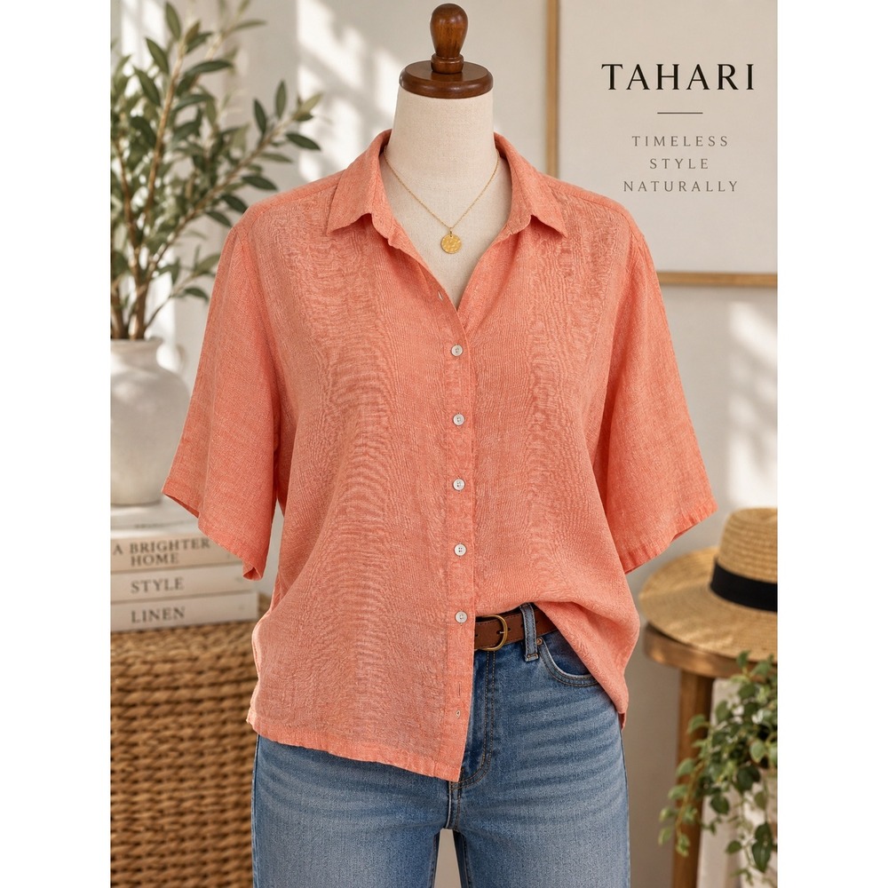 Tahari 100% Linen Shirt Womens M Coral Salmon Button Front Short Sleeve Top